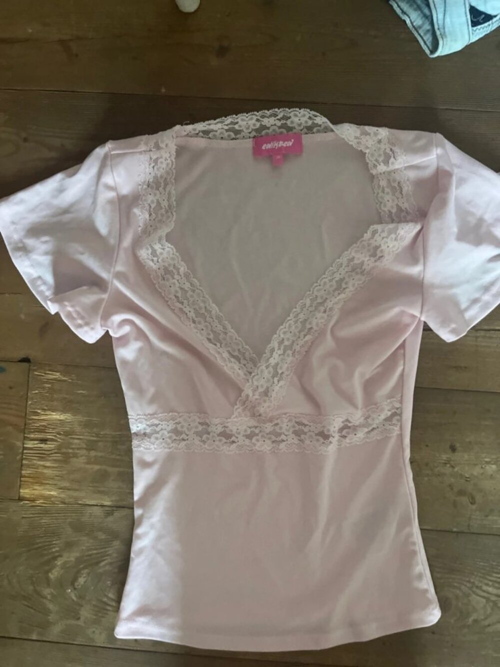 Lace Trim V Neck Fitted Short Sleeve Top Light Pink XS